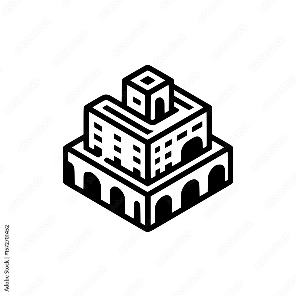 Poster architectural silhouette pictogram representing a three-dimensional structure with arches and a towe