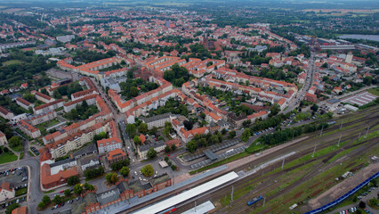 Aerial view around the old town in the city Stendal on an sunny spring afternoon in Germany