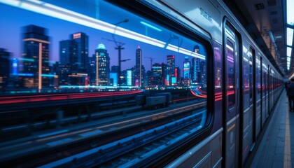 Fototapeta premium Close-up of train panoramic window with city light reflections in cool evening tones Generative AI
