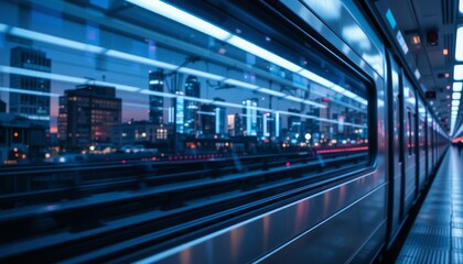 Close-up of train panoramic window with city light reflections in cool evening tones Generative AI