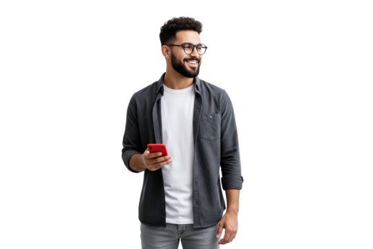 young man holding a red phone isolated on white