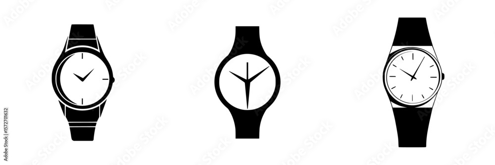 Poster collection of three silhouette pictograms of wristwatches displaying different designs and styles fo