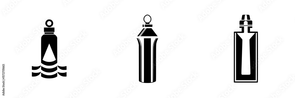 Poster silhouette pictogram icons depicting various types of bottles and containers for diverse uses in des