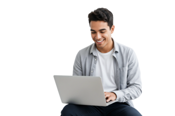 young man working on laptop isolated on white background