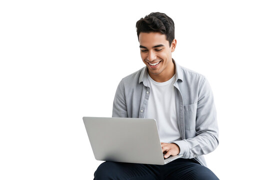 young man working on laptop isolated on white background
