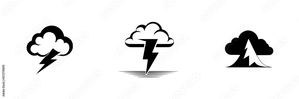Poster stylized silhouette pictograms representing weather elements with clouds, lightning, and mountains d