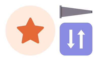 Orange star inside a circle, blue square with up and down arrows, gray telescope. Ideal for communication, achievement, navigation, data transfer, exploration analytics teamwork. Simple flat