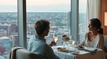Romantic dinner with city view at a high-rise restaurant during sunset
