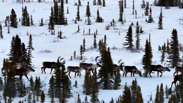 Aerial view of a herd of the boreal woodland caribou (Rangifer tarandus caribou) seeking for food and shelter in winter, tundra, Canada. 
