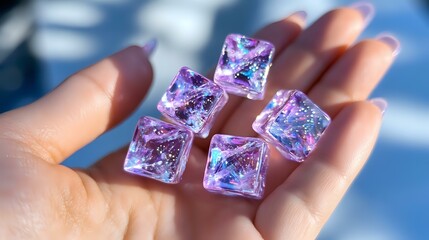 Pink translucent dice with blue sparkles held in palm against blurred background, showing iridescent gaming accessories with mystical crystal appearance.