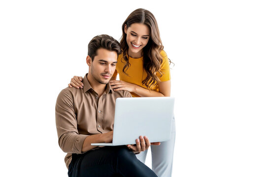 young couple holding and working laptop isolated on white background