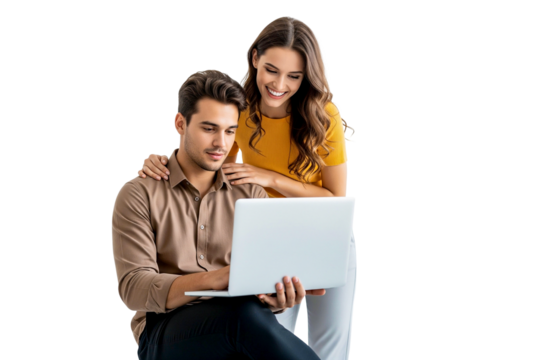 young couple holding and working laptop isolated on white background