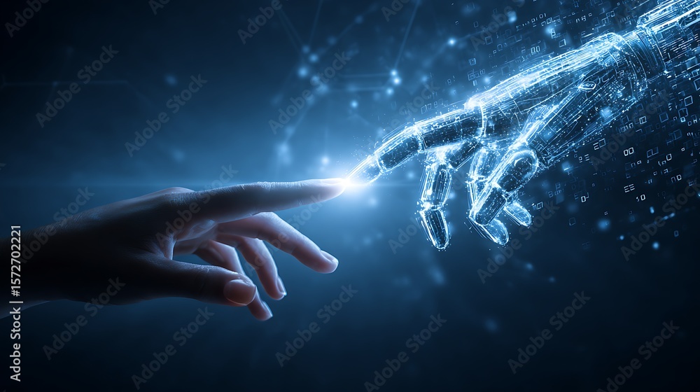 Poster humanity and artificial intelligence connect through digital touch and data streams