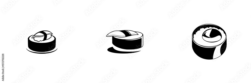Poster silhouette pictograms of assorted sushi types presented as isolated vector icons in a minimalist des