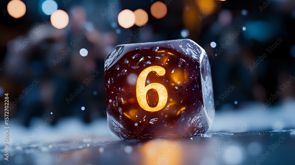 Poster glowing amber gaming dice with number six showing on dark background with bokeh lights and snow, cre