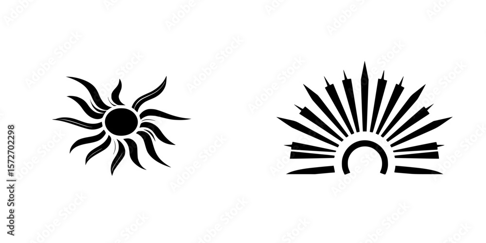 Poster silhouette pictograms representing sun and skyline icons in a minimalist style for design use