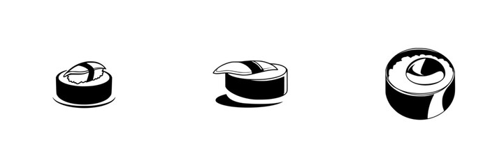 Silhouette pictograms of assorted sushi types presented as isolated vector icons in a minimalist design