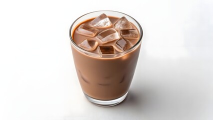 Glass of iced chocolate milk with clear ice cubes on light background, symbolizing refreshment, indulgence, and beverage simplicity