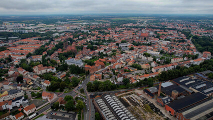 Aerial view around the old town in the city Stendal on an sunny spring afternoon in Germany