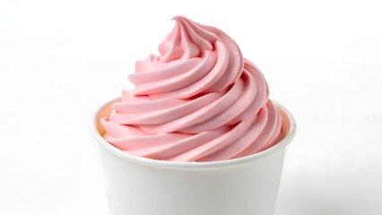 Cup of pink soft-serve ice cream swirl on white background, representing sweetness, indulgence, and summer dessert joy