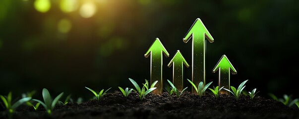 Glowing green arrows rising from soil with young plant sprouts against dark background, symbolizing sustainable growth and business success in nature.