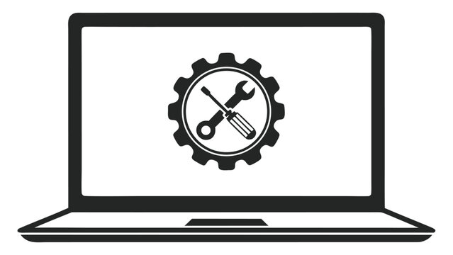 Laptop computer screen displaying a gear with crossed screwdriver and wrench icons