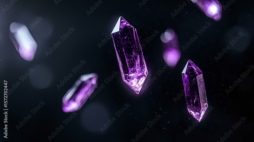 Poster glowing purple crystal quartz points floating in dark space with magical bokeh lights and mystical e