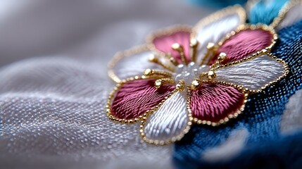 Delicate embroidered flower with pink and silver petals, golden thread details on blue fabric, macro shot showing intricate textile artistry and beadwork detail.