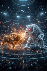 Bitcoin Bull vs. Crypto Bear – Epic Clash in Futuristic Digital Arena (Symbolic Battle of Market Forces)