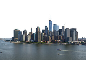 The impressive new york city skyline is seen across the water on a sunny day isolated on transparent background