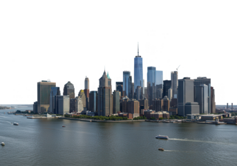 The impressive new york city skyline is seen across the water on a sunny day isolated on transparent background