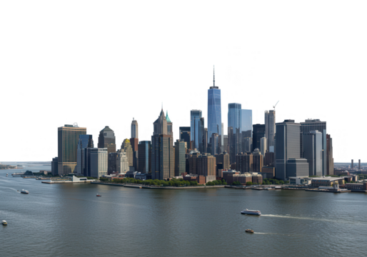 The impressive new york city skyline is seen across the water on a sunny day isolated on transparent background