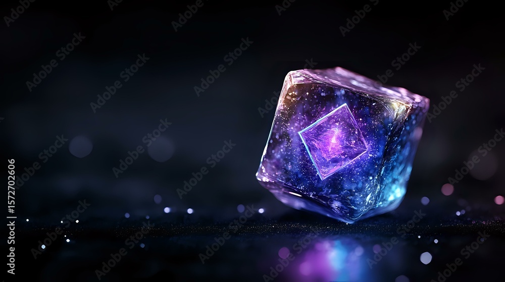 Poster glowing crystal cube with purple and blue ethereal light floating against dark background, magical g