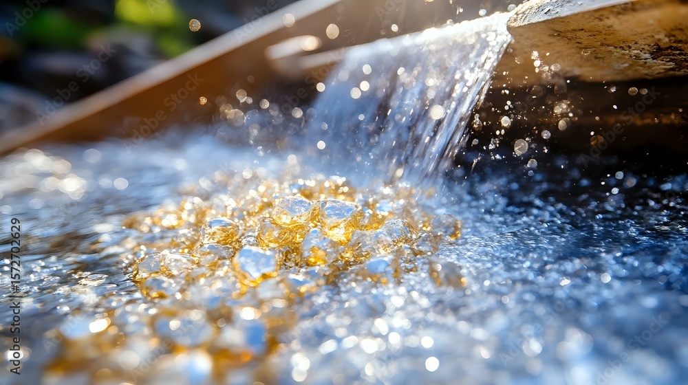 Aufkleber water splashing on golden jewelry pieces with sparkling droplets and bokeh effect creating luxurious