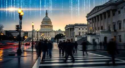 Washington DC glows at dusk, with binary code overlay, showcasing government and technology blend along a busy crosswalk and classic architecture.