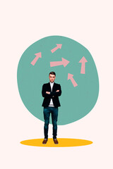 Collage of person man woman analyzing financial data with rising arrows symbolizing growth success...