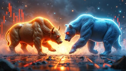 Bitcoin Bull vs. Crypto Bear – Epic Clash in Futuristic Digital Arena (Symbolic Battle of Market Forces)