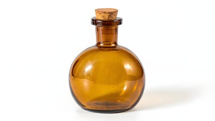 Amber glass bottle with cork stopper on white background, symbolizing apothecary, natural remedies, and vintage packaging aesthetics