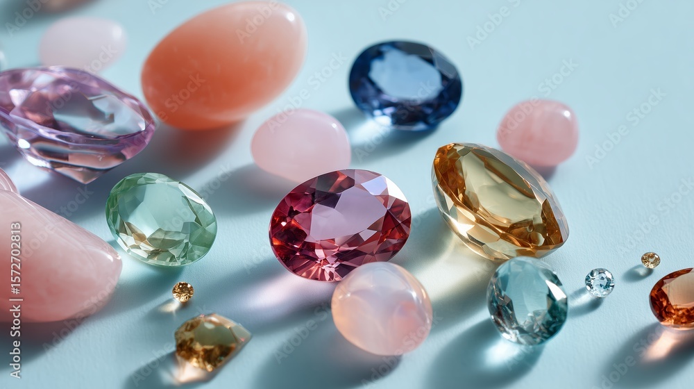 Poster colorful array of gemstones displayed on light blue surface showcasing various shapes and sizes