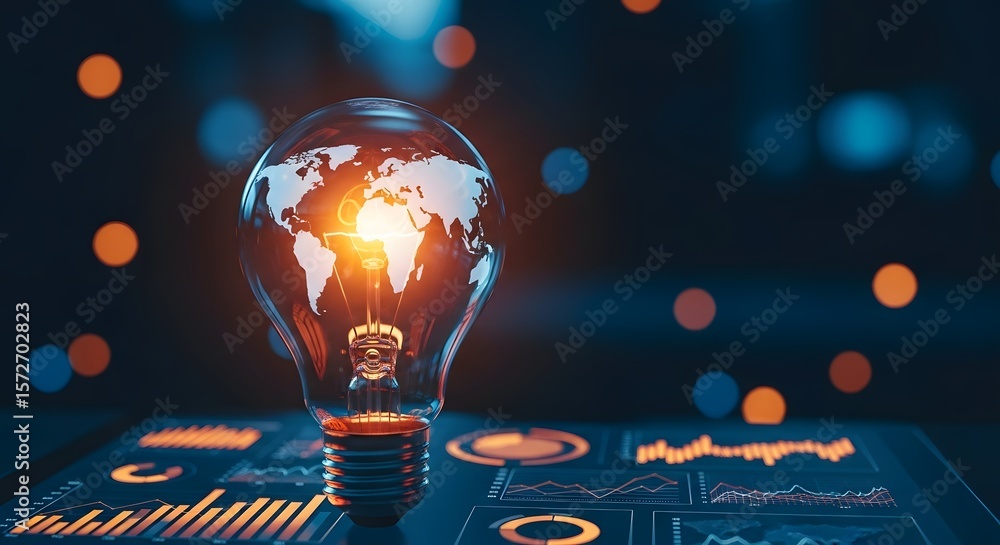 Poster a global business intelligence concept with a light bulb displaying a world map, atop graphs and fin