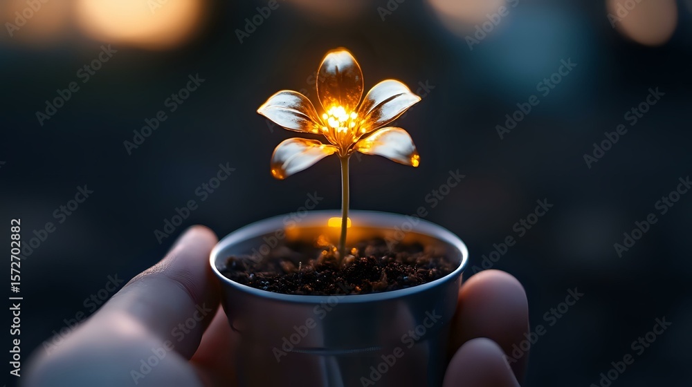 Poster Glowing magical flower growing from small pot with soil, illuminated from within against dark background, creating ethereal ambiance and bokeh effect.