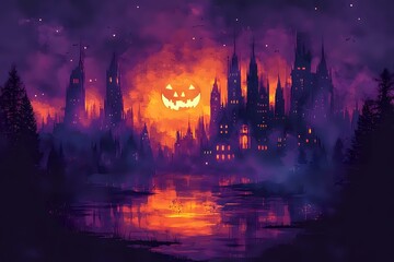 Fototapeta premium Spooky castle silhouettes against purple night sky with glowing jack o'lantern moon reflecting on dark water surface, creating mysterious Halloween atmosphere.