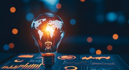 A global business intelligence concept with a light bulb displaying a world map, atop graphs and financial data charts.