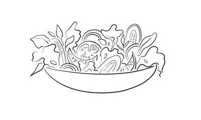Vegetable salad, cucumbers, tomatoes, continious line drawing. Helthy food outline. Restaurant menu. Vector illustration isolated on white background