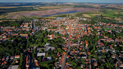 Aerial view around the old town in the city Schöningen on an sunny spring afternoon in Germany