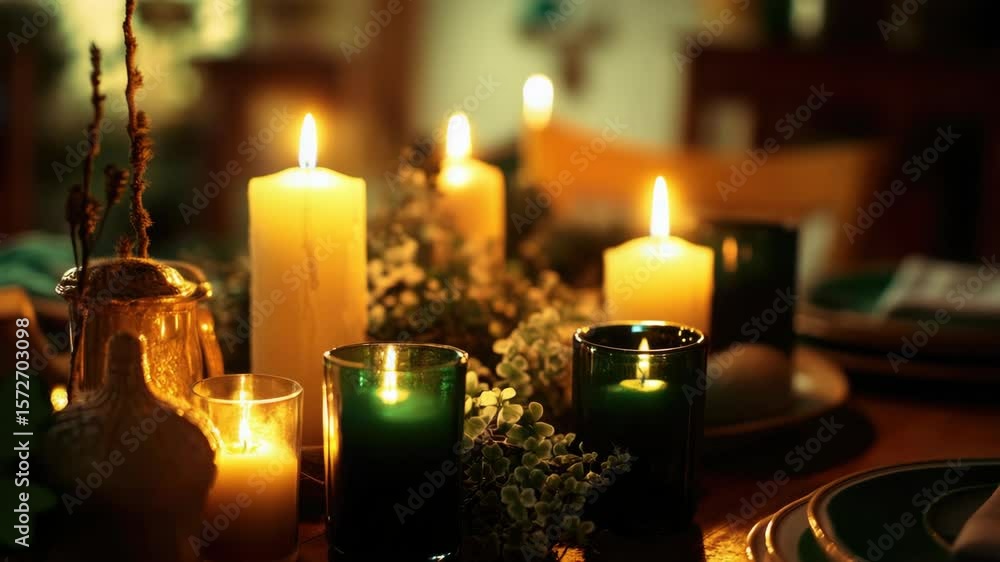 Poster glowing candles illuminate a table set with plates and silverware, evoking an atmosphere of warmth a