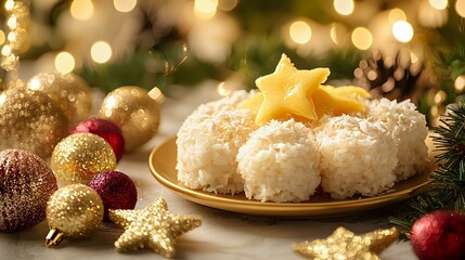 Festive coconut snowball desserts on golden plate with star cookie and Christmas ornaments against blurred bokeh lights and pine branches background.