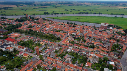 Aerial view around the downtown in the city Tangermünde on an cloudy spring day in Germany	