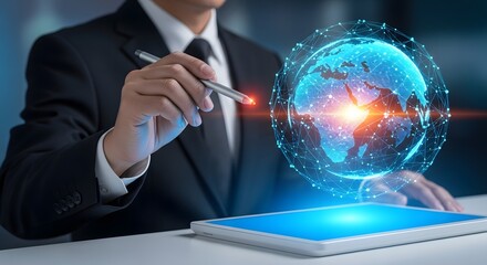 Global connection with modern technology is represented by businessman and digital world using a tablet, perfect for business concepts.