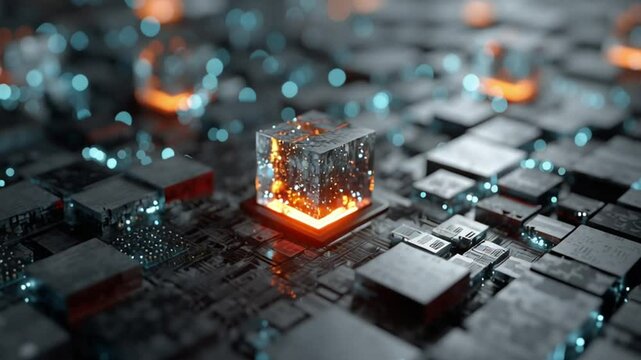 A glowing, transparent cube sits on a circuit board, emitting orange light, symbolizing advanced technology and futuristic computing. AI neural processing with quantum computing. 